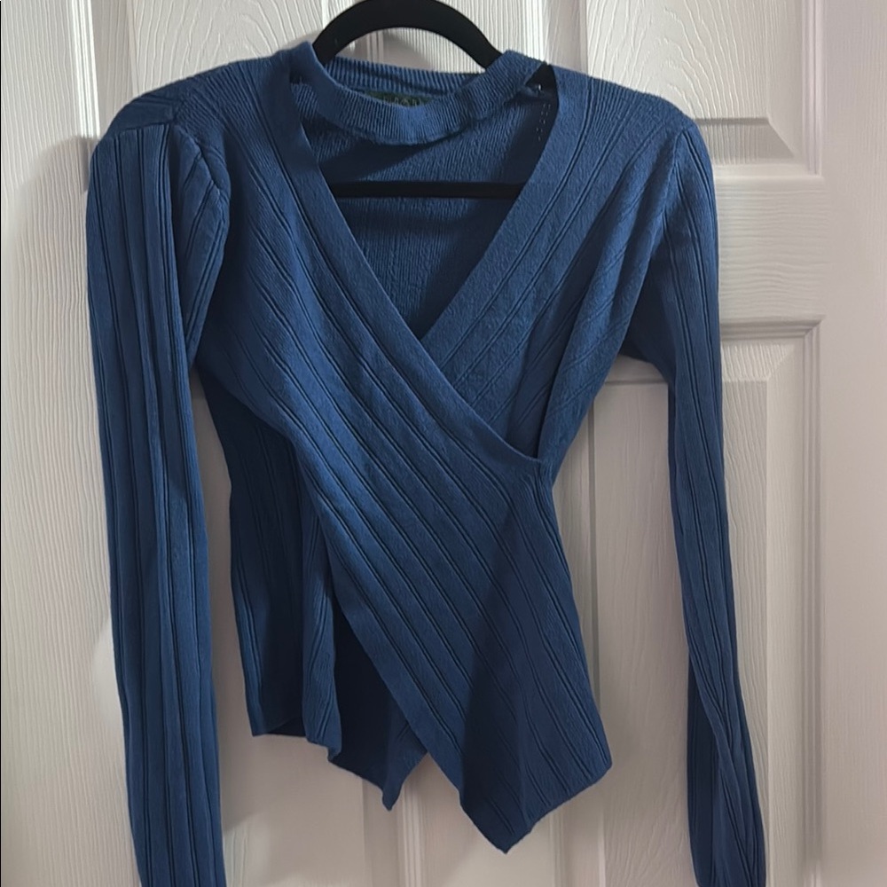 Blue Ribbed Wrap Sweater